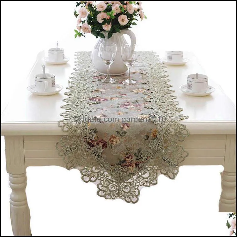 Table Flag flower Embroidered Green Top Elegant Europe Lace Pastoral Print Table Runner Home Decoration Runners Placemats HM384 220107