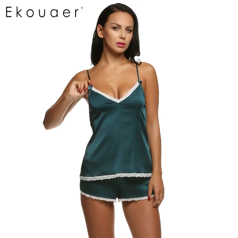 Ekouaer vrouwen kleding voor zomer shorts sets v-hals nachtkleding satijn pyjama dames pyjama spaghetti riem kant sexy pyjama set Y200708