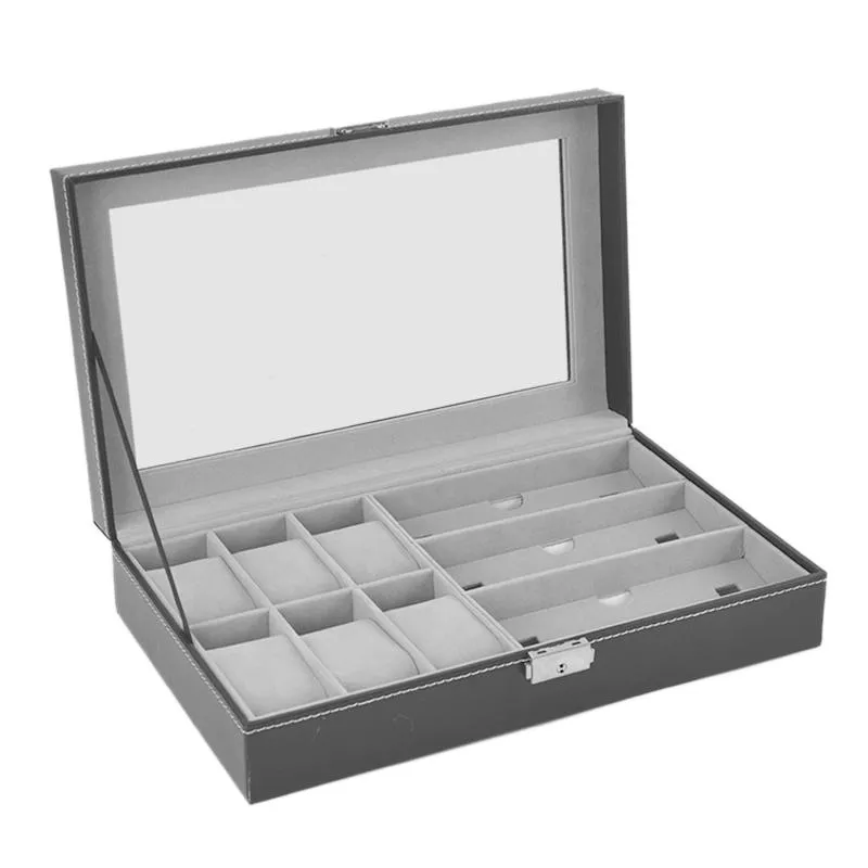 Caixa de armazenamento de óculos Couro sintético de couro transparente caixa de exposição com 6 grades e 3 copos de armazenamento