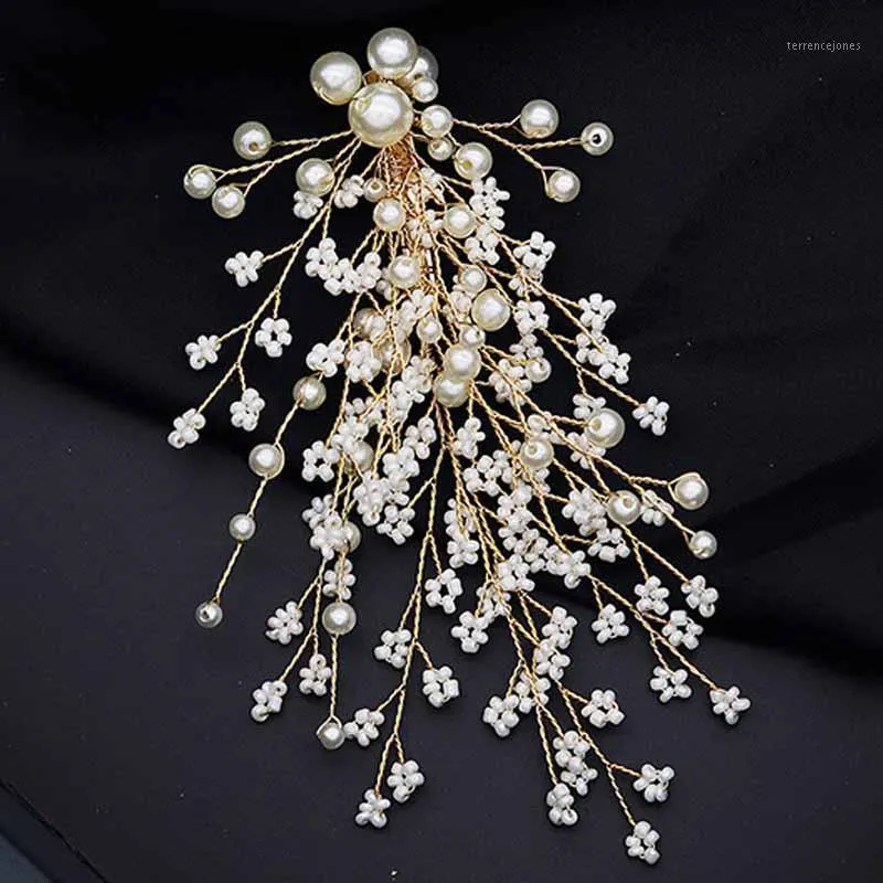 Hårklipp Barrettes Handgjorda imitation Pearl Grip Gold Color Small Flowers Clip Bridal Pin Wedding Tiara Accessories VL1