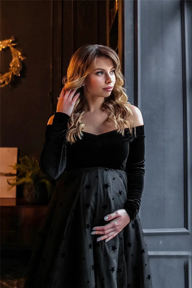 Black Off-Shoulder christmas evening gowns for Pregnant Women - Long Sleeve Short Prom Gown for Spacial Occasions