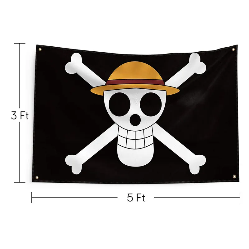 Luffy One Piece Jolly Roger Pirate Drapeau avec chapeau de paille Heavy Duty avec œillets en laiton pour College Dorm Room Man Cave Frat Wall Outdoor Flag