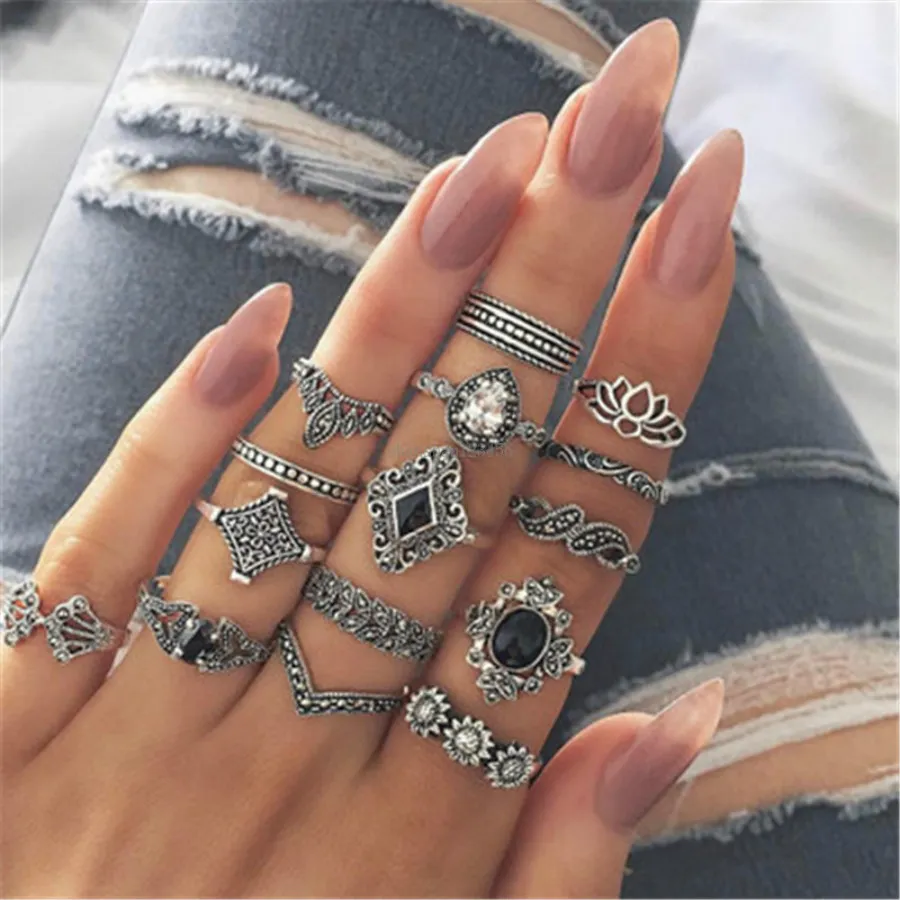 Hollow Lotu Crown Ring Ancient Silver Stackable Knuckle Ring Women Midi Rings Summer Fashion Jewelry Will en Sandy Cadeau