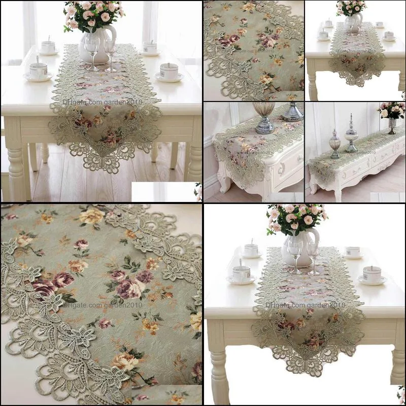 Table Flag flower Embroidered Green Top Elegant Europe Lace Pastoral Print Table Runner Home Decoration Runners Placemats HM384 220107