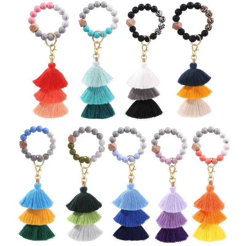 Favor Silicone Beads Bracelet Keychain Three Layer Cotton Tassel Wrist Keyring Wooden Bead Bangle Key Ring Women Bag Pendant Decoration