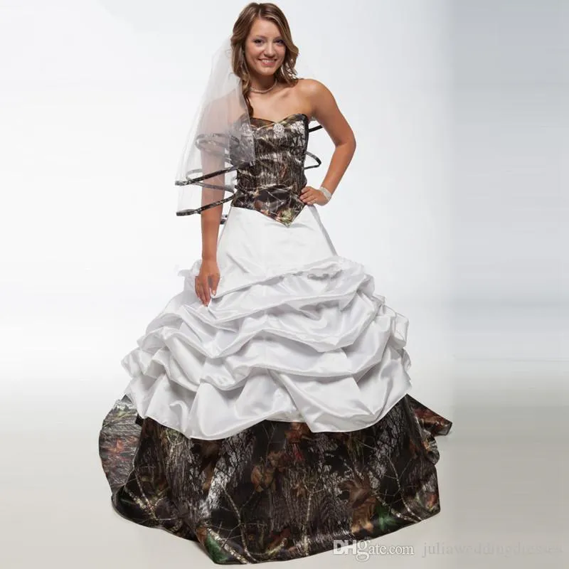 2021 Eleganckie Seksowne Białe Suknie Ślubne Camo Linia Satin Camoflage Plus Size Wedding Party Suknie ślubne