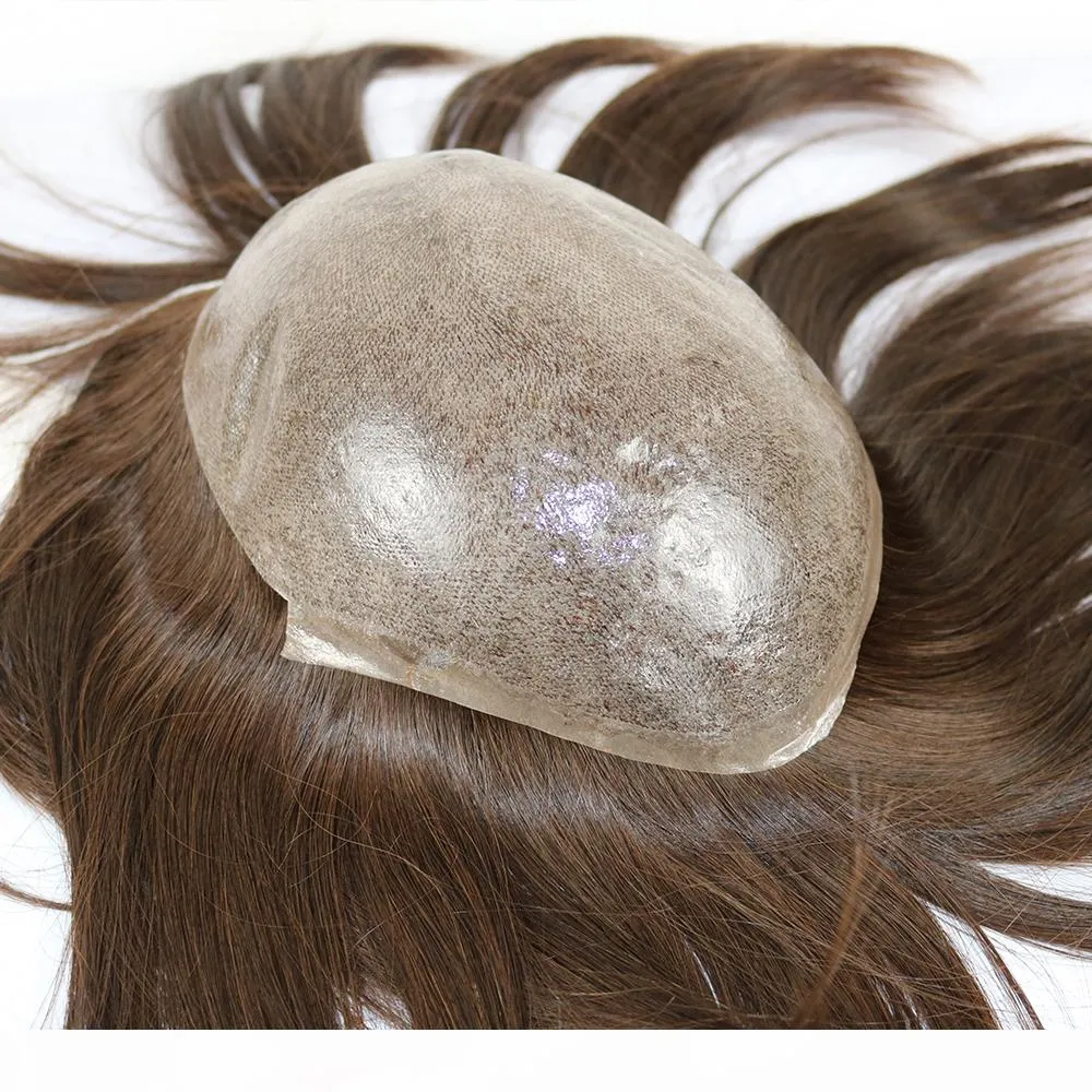 Mens Wigs europeiska mänskliga hårstycken Mens Toupee Transparent tunn hud PU Hår ersättning Färg #3 Men Systems2208