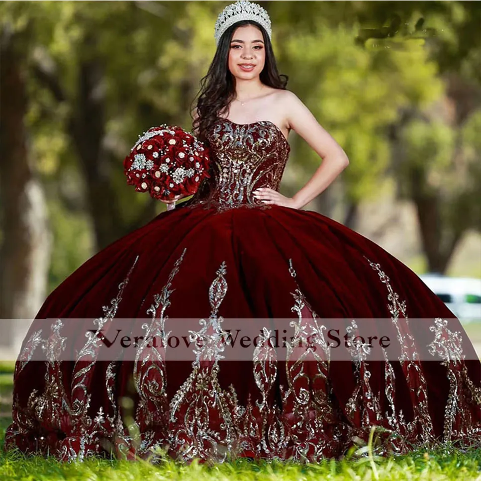 Meninas mexicanas Borgonha Quinceanera Vestidos Removíveis Mangas Lace Applique Sweet 16 Gastos de Pageant Velvet Vestidos de XV Años