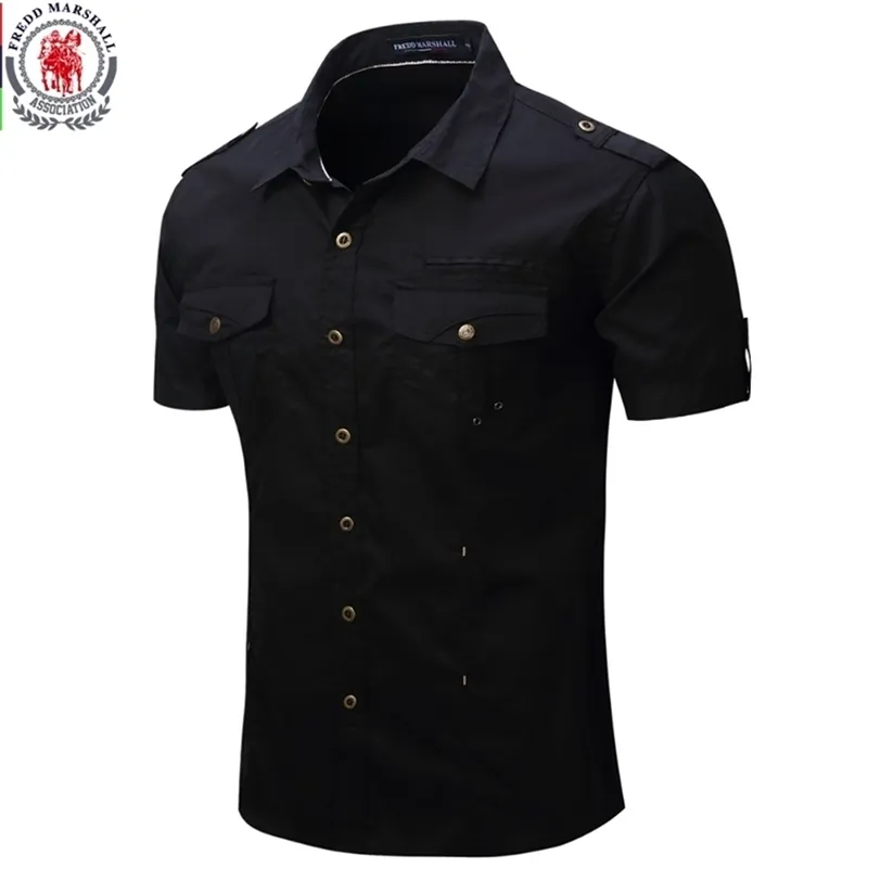 Arrive Mens Cargo Shirt Men Casual Solid Short Sleeve s Multi Pocket Work Plus Size 100% Cotton 220309