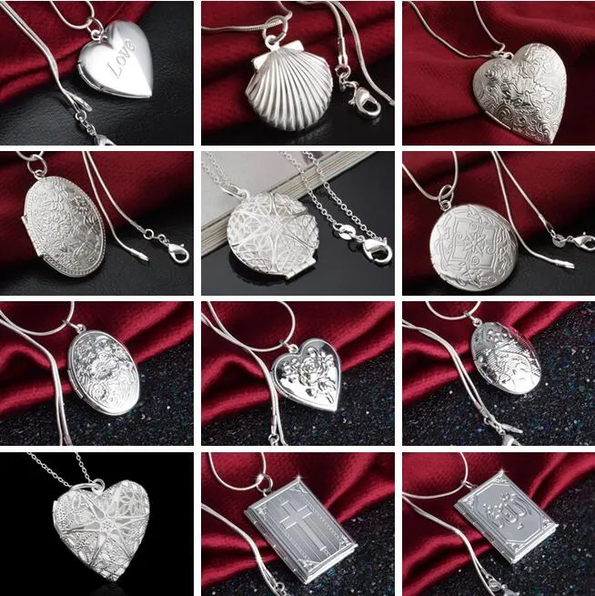 Mix 15 Style 15 sztuk Poszytki 925 Posrebrzane Love Heart Cross Circular Ellipse Kwadrat Kwiat Hollow Wisiorek Naszyjnik Zdjęcie Locket