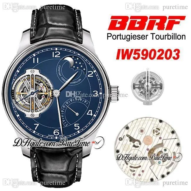 BBRF Constant-Force Tourbillon 590203 150 Aniversario Edición especial Esfera azul Fase lunar A94850 Reloj automático para hombre Cuero Puretime