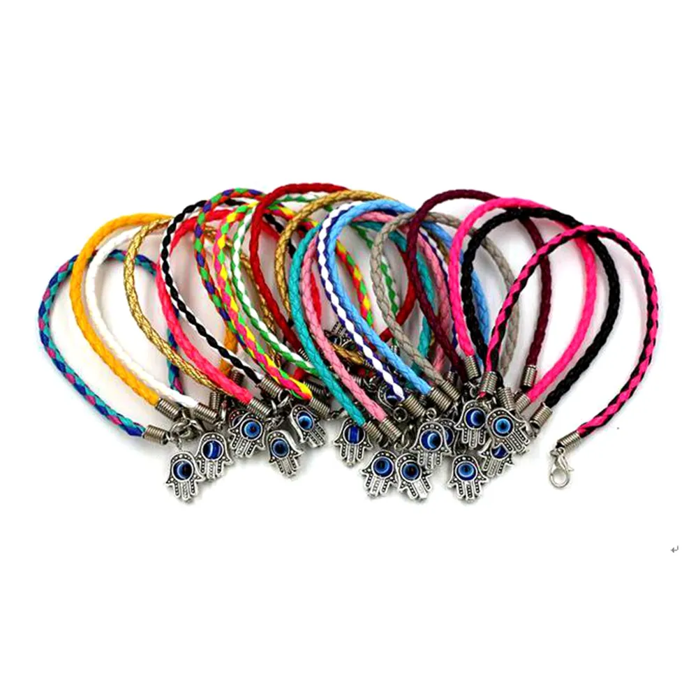 60pcs Fatima Hand Rotation Evil Eye Charms leather Bracelets For Men and Women DIY Jewelry Gift