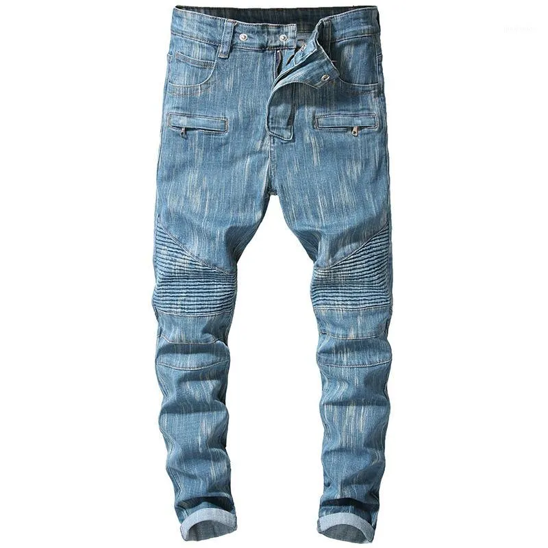 SOKOTOO Erkek Mavi Streç Denim Biker Jeans Motosiklet Artı Boyutu Için Slim Pileli Pantolon1