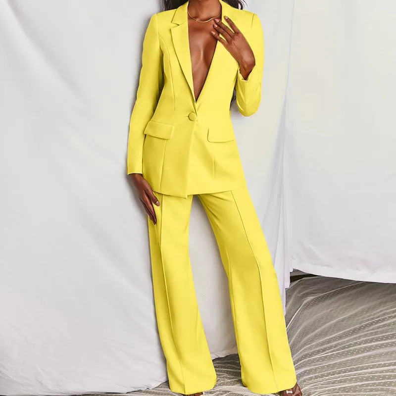 2020 Mode Kvinnors Pantsuit Rosa Business Classic One-Breast Buttons Nio Blazer Byxor Set Två Piece Formal Suits Yellow