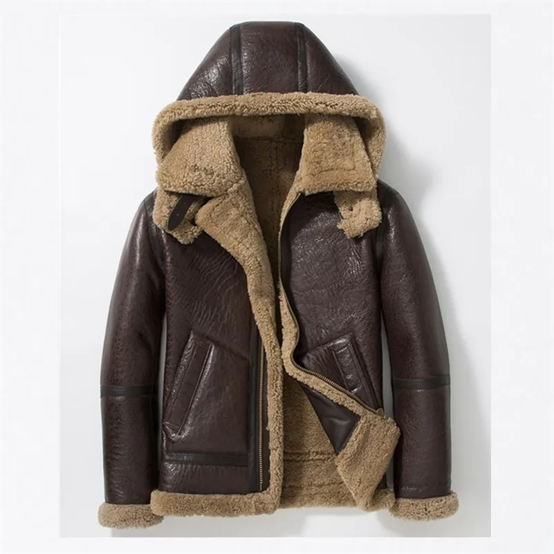 Sani Sheepskin Fur Shearling Mäns Kort Varm Överrock Flyg Kläder Hooded Fur Collar Äkta Läder Fur Jacka LJ201217