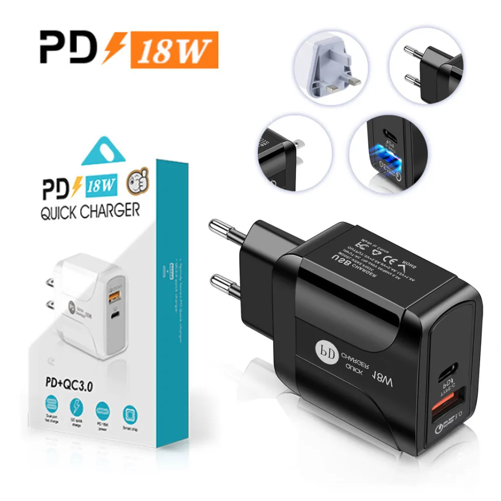 18W Snabbladdning QC 3.0 PD Typ C USB-väggladdare EU US UK Plug Adapter Mobiltelefon Power Delivery Laddare