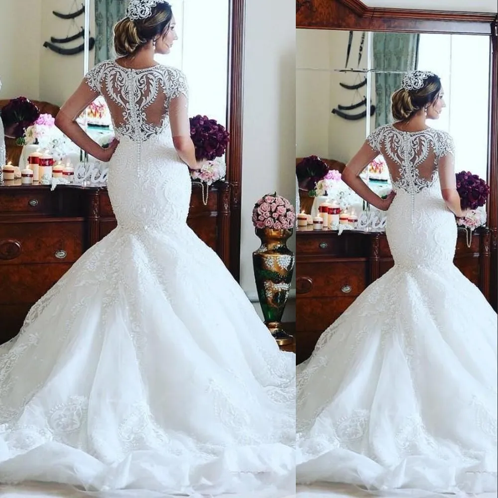 2022 African Arabic Mermaid Wedding Dress With Half Sleeves Illusion Lace Appliques And Tulle Modern Formal Gown For Plus Size Women From Crystalxubridal 162.42 DHgate.Com