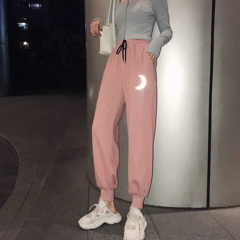 Pantaloni rosa Donna Harajuku Pantaloni stile harem Pantaloni con coulisse in vita elastica Pantaloni sportivi riflettenti Modello luna Pantaloni estetici Pantaloni donna T200422