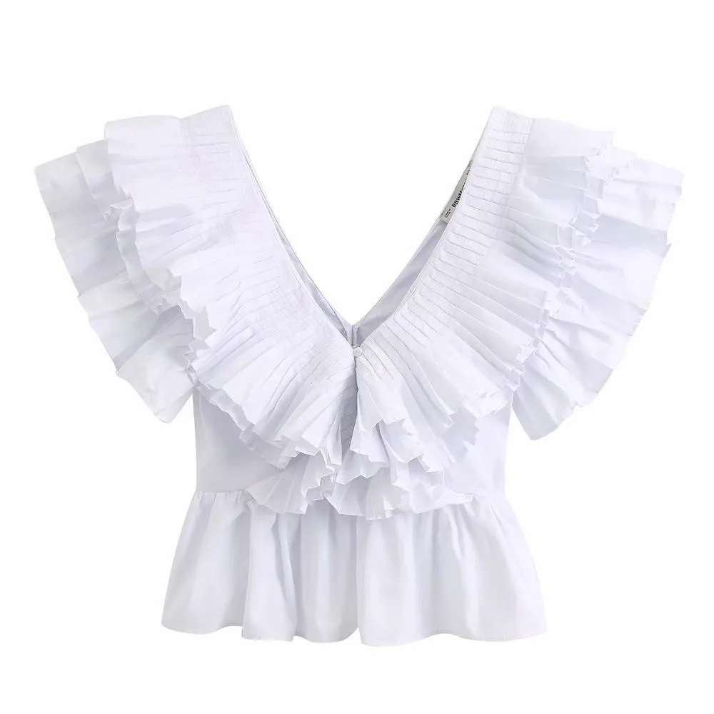 Nouveau femmes solide col en v plissé volants décontracté chemisier smock blanc dames chic manches papillon popeline femininas chemise tops LJ200813