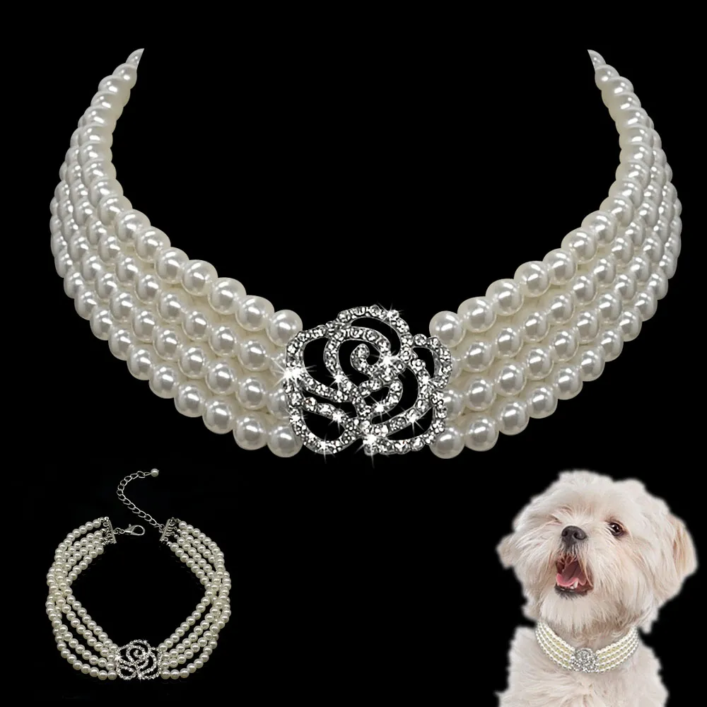 Elegancki Crystal Dog Collar Naszyjnik Choker Styl Rhinestone Pearl Luksusowe Pet Dog Akcesoria Naszyjniki Dla Pies Chihuahua