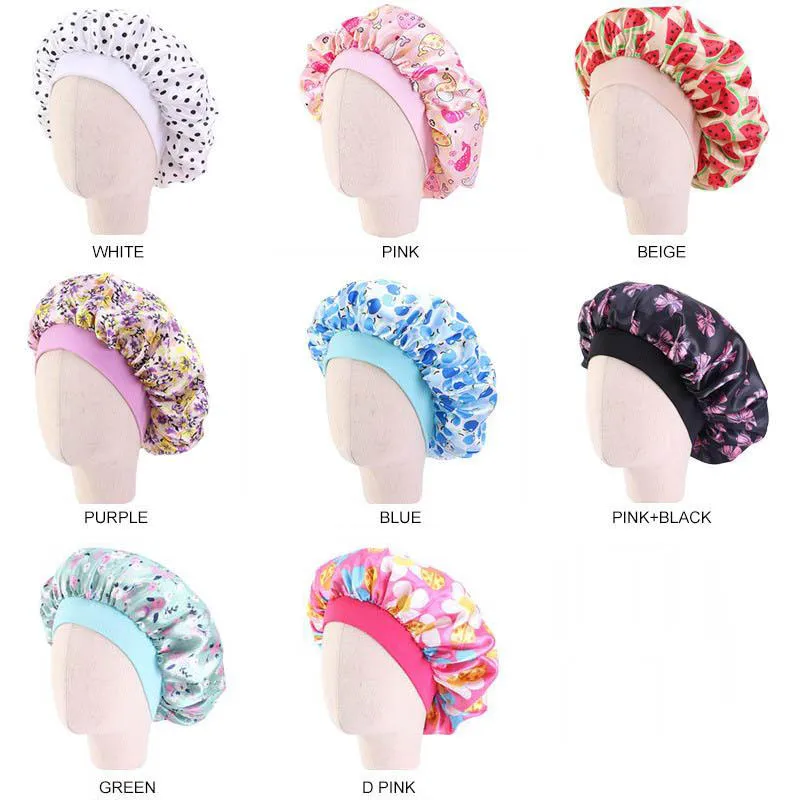 Nouveaux enfants imprimés Tinton de couchage de couchage bébé élastique de soins capillaires chapeau imitation imitation Silk Round Bonnet 9 Couleurs