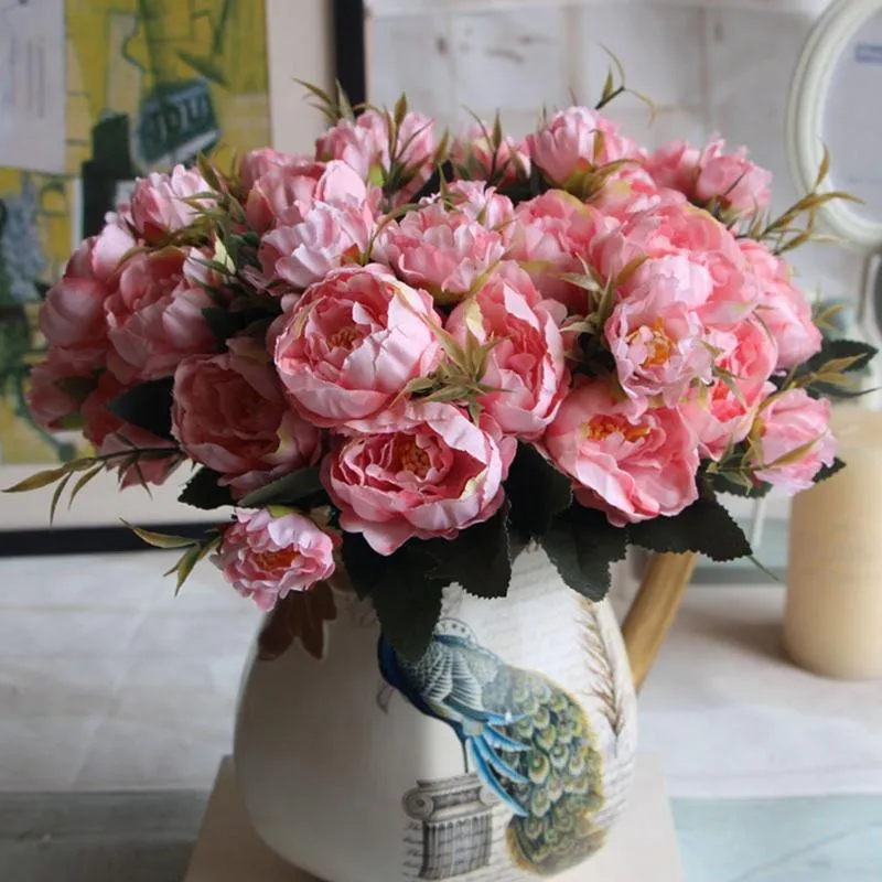 30 cm Rose Pink Silk Bouquet Peony Kunstbloemen 5 Grote Hoofden 3 Kleine Bud Bruid Bruiloft Woondecoratie Fake Flowers Faux