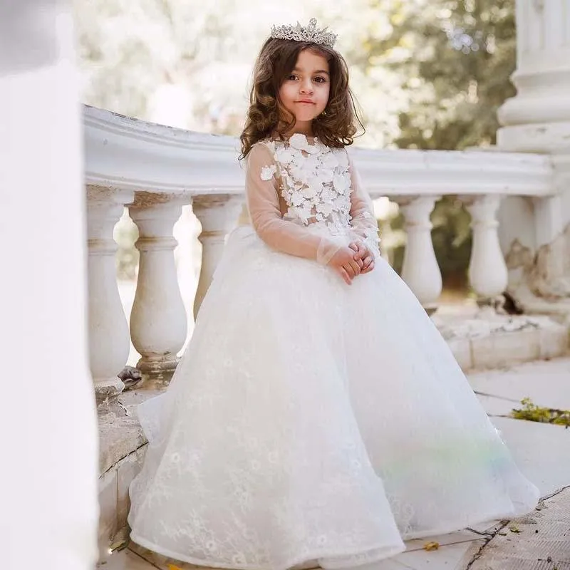 White lace long deals sleeve flower girl dress