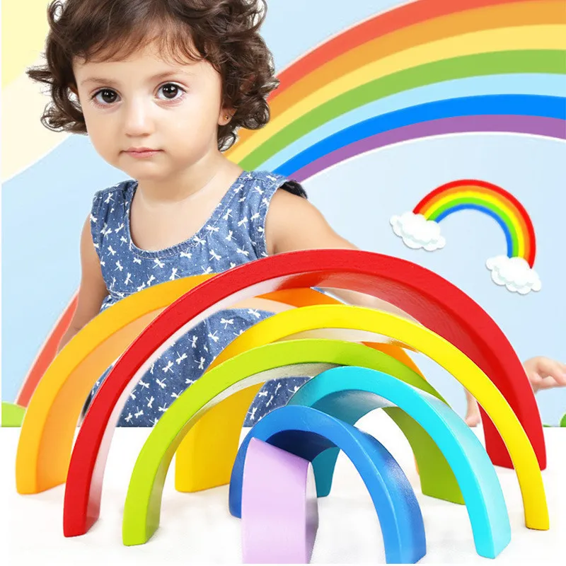 赤ちゃんのおもちゃ12ピースレインボースタッカー木製の創造的な虹ビルディングブロック赤ちゃん初期モンテッソーリ子供子供のための教育玩具LJ201114