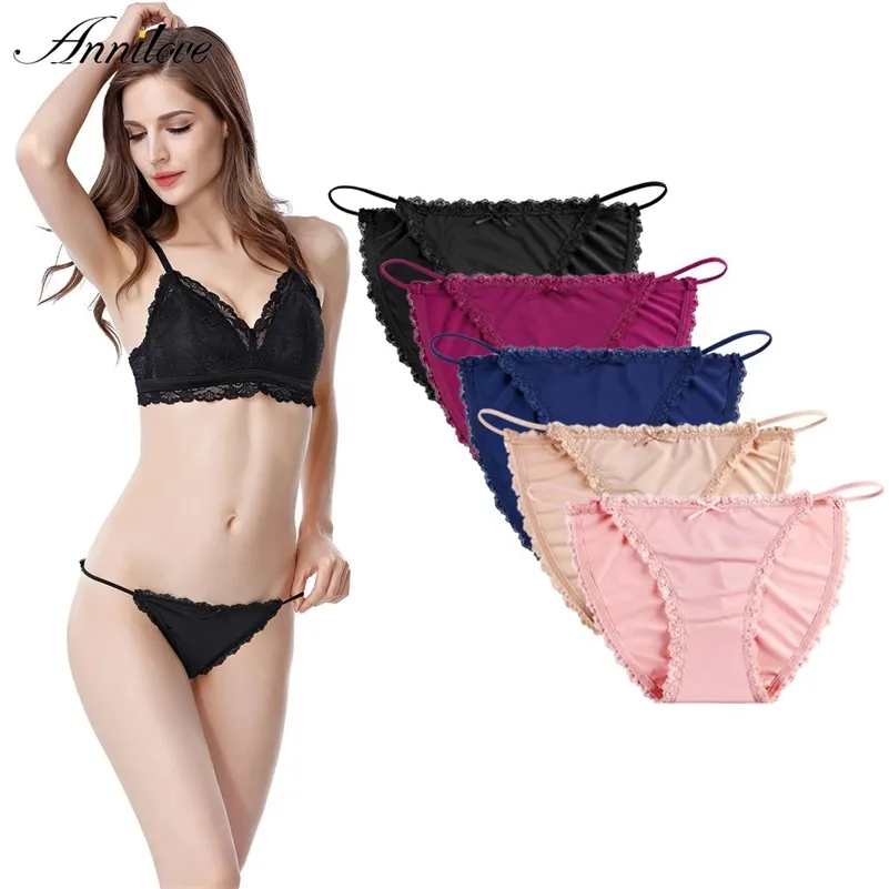 Annilove Underwear Mulheres Sexy Laço Calcinhas Gelo Silk Estiramento Strings Lingerie Panti Low Rise Bikini Thong Underwears 5 pcs 201112