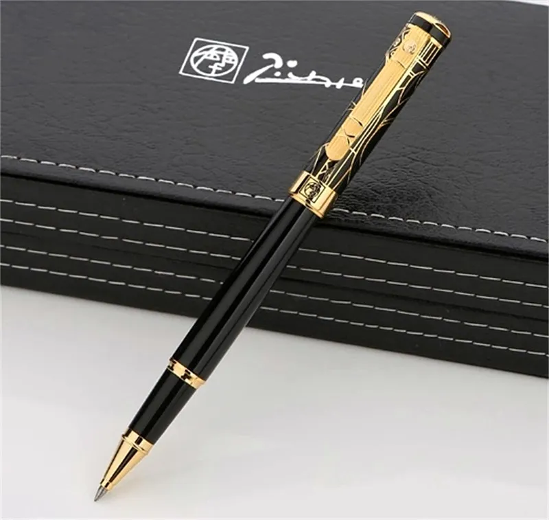 Luxe Picasso 902 Rollerball Pen Black Golden Plating Graver Stylo à bille roulante Fournitures de bureau d'affaires Écriture Options lisses stylos avec boîte