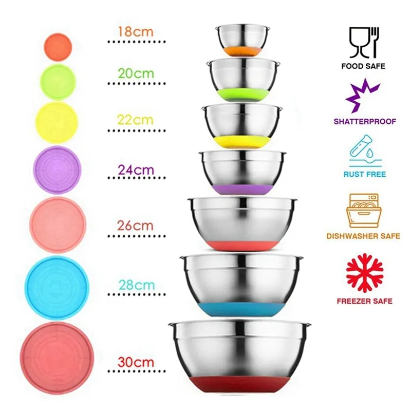 7 Färger Rostfritt stål Blandningsskål med lock Hem Kök Ägg Mixer Sallad Skålar Non-Slip Silikon Bottom Food Storage Bowl Set 201214