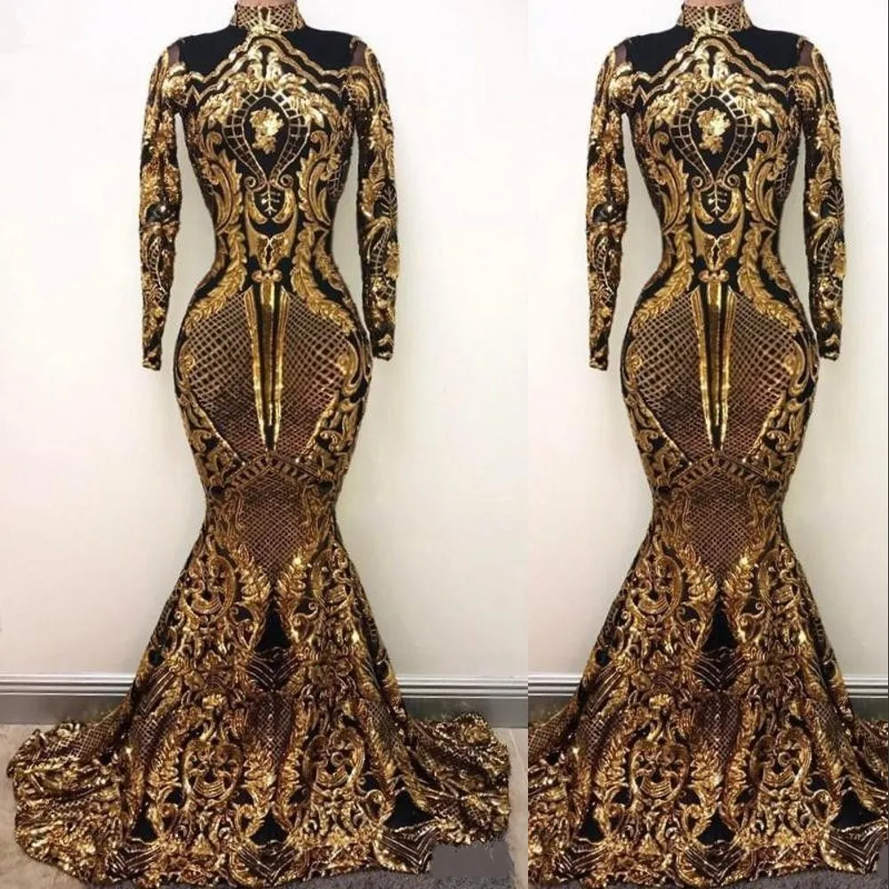 2021 Bling Luksusowe Długie Rękawy Prom Dresses Mermaid High Neck Holidays Graduation Wear Black Gold Cekiny Wieczorowe Suknie Party Custom Made