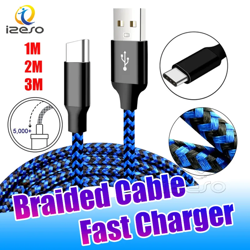 3ft 6ft 10ft USB Cable Type C Micro Cables 2A Nylon Braided Cord Fast charger for Samsung Huawei Xiaomi Mobile Phone izeso