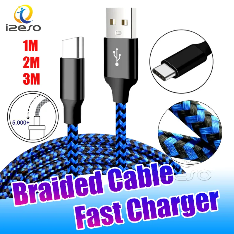 Cabo usb tipo c de 3 pés e 6 pés, cabo trançado de nylon 2a, carregador rápido para iphone, samsung, huawei, xiaomi, telefone móvel, izeso