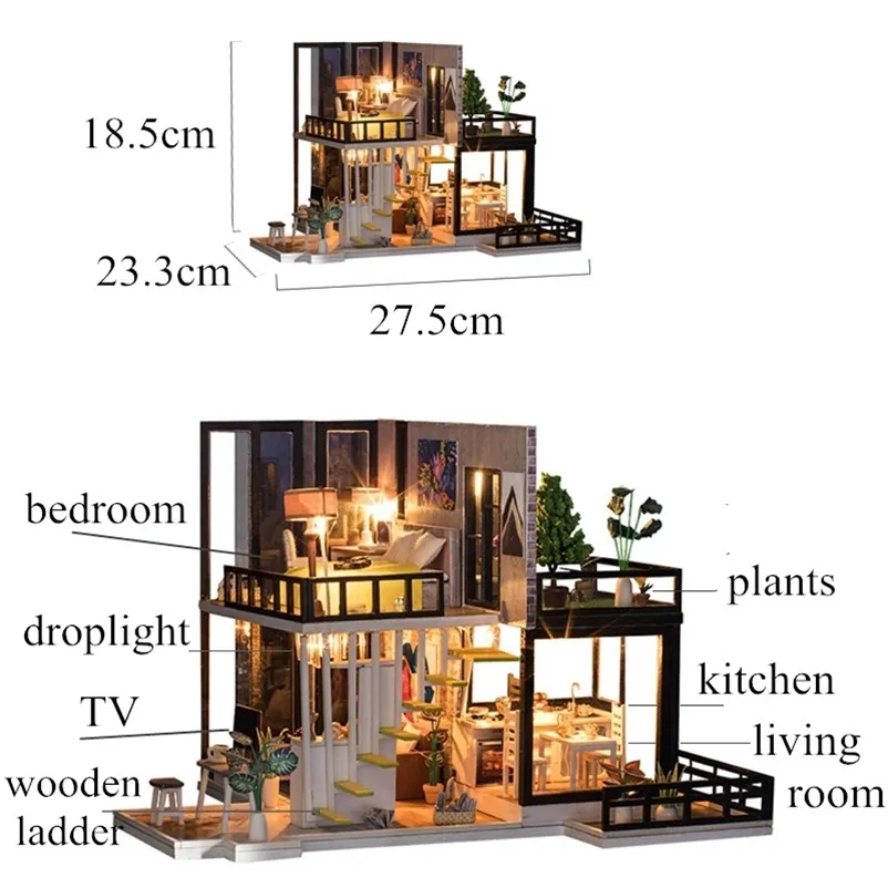 Hongda - DIY Miniatuur Houten Poppenhuis Middel Huisjes Bouwpakket - Met Stofkap - Peta's Kitchen (M2423