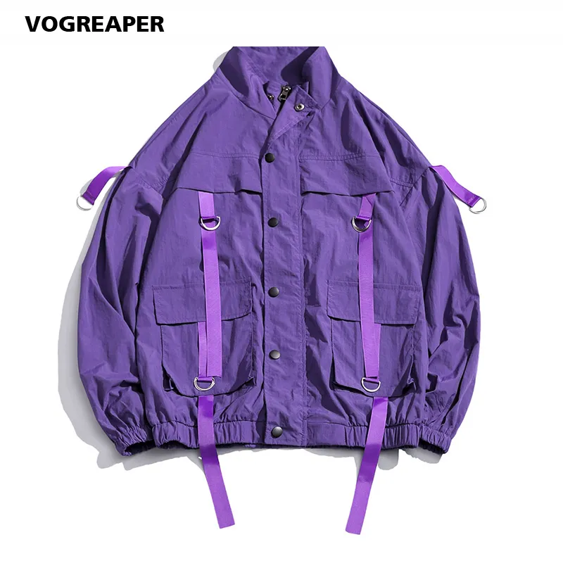 Sommer Licht Dünne Männer Cargo Bomber Jacken Designer Japanische Streetwear Mulit Taschen Band Harajuku Hip Hop Windjacke Mäntel 201106