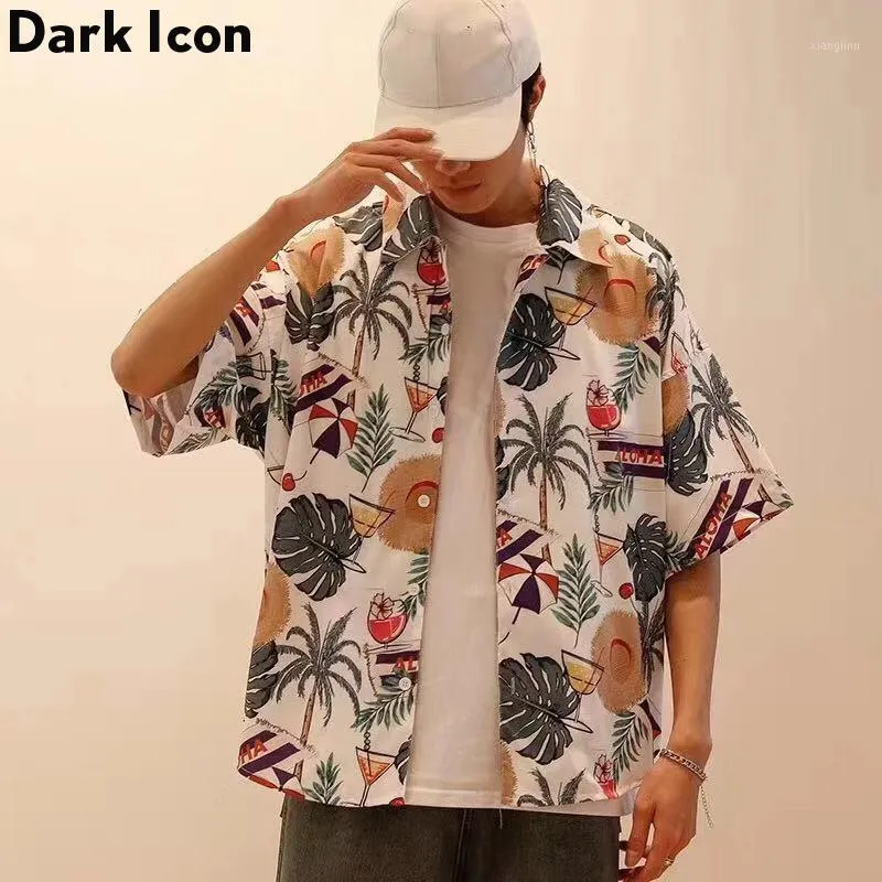 Casual shirts voor heren donkere bladeren print tropische strand mannen zomervakantie herenhemd jonge jongen mode man1