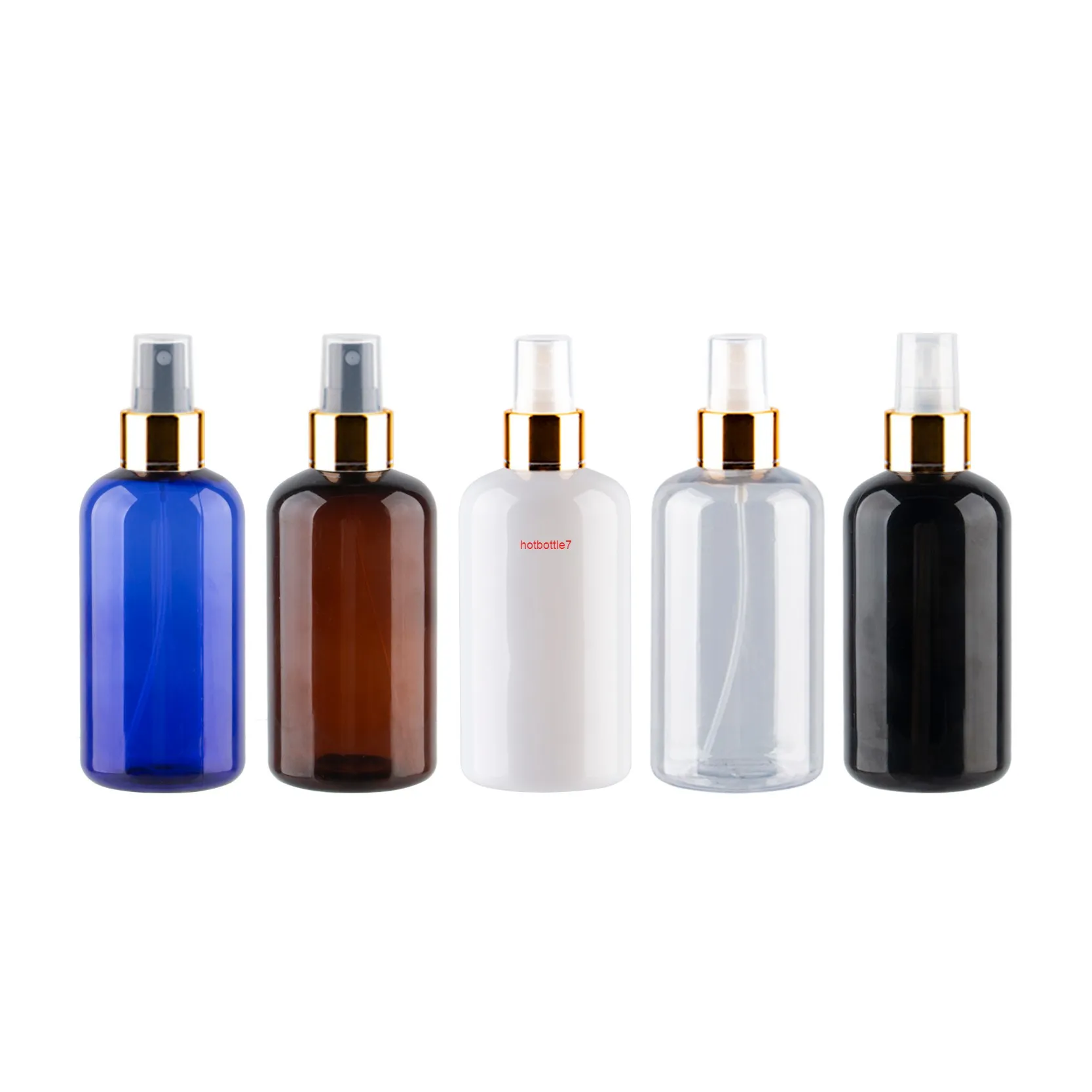 250 ml x 12 guld aluminium spray pump flaskor transparent blå brun palstic behållare för flytande tvålmist sprayer parfymhög kval