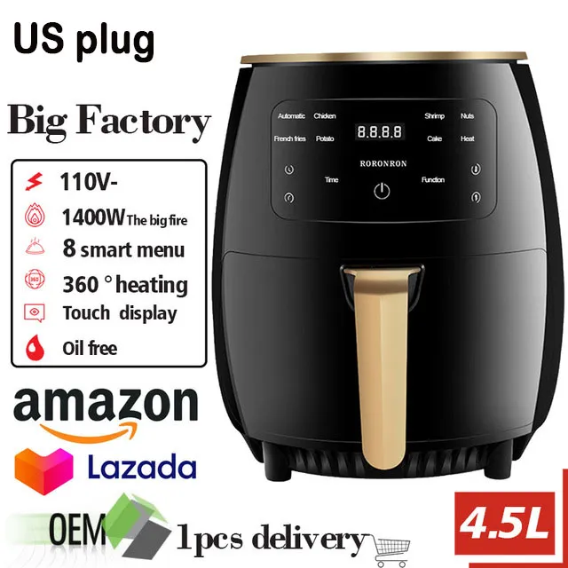 4.5L Electric Air Fryer 1400W Oven Turbostar 110V/220V 360°Baking LED Touchscreen Deep Fryer without Oil Top Configurations Flagship