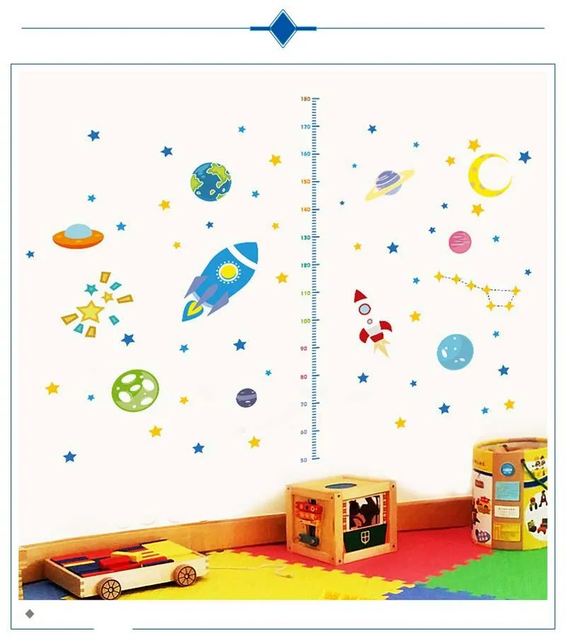 Wall Stickers Children`s Room Outer Space Rocket Height Sticker Creative Stickers Cartoon Anime Mural Growth Chart Gifts