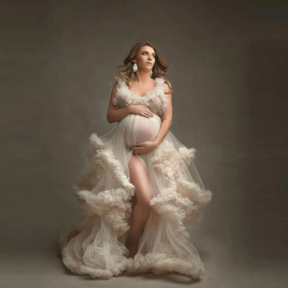 Vintage Evening Klänningar Puffy Tulle Maternity Klänningar Med Remsor Lång Boll Gown Fotografi Plus Storlek Graviditet Klänning Skräddarsy