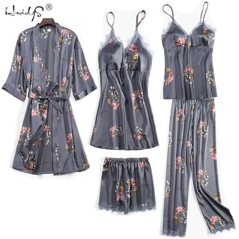 Pigiama da donna 5 pezzi Pigiama da notte in raso Pijama Silk Home Wear Abbigliamento da casa Ricamo Sleep Lounge Pigiama Robe e camicia da notte Set LJ200822