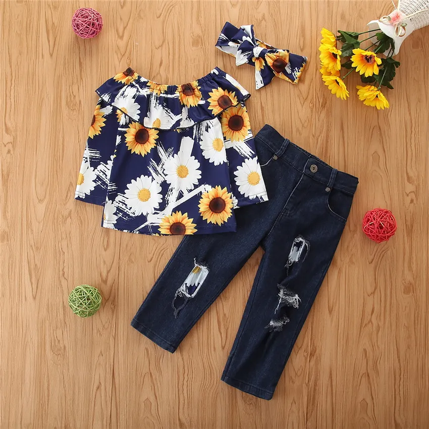 Zestawy odzieży Spring Autumn Dzieci Baby Girl Ubrania Zestaw Słonecznika długiego rękawa z koszuli na ramię + dżinsowe spodnie opaski na głowę strój 1-6Y