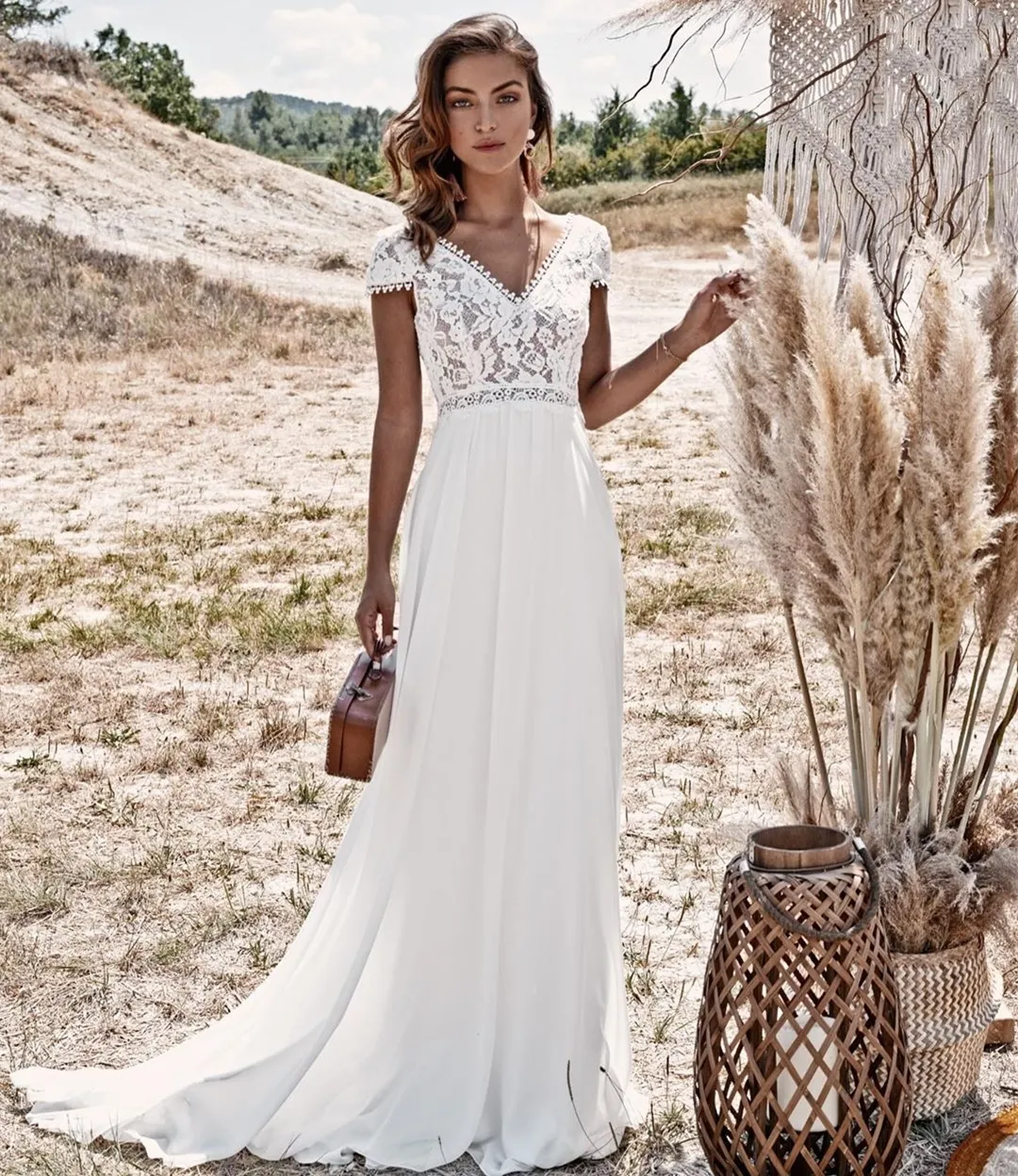 Bohemian Lace Wedding Dress A Line Chiffon V Neck Backless Bridal Gown with Sweep Train Ivory White 2024