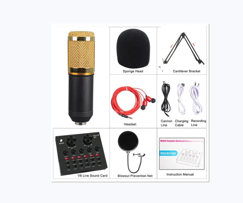 Computer microphone suite for mobile phone connection network KTV mobile anchor capacitive microphone V8 sound card