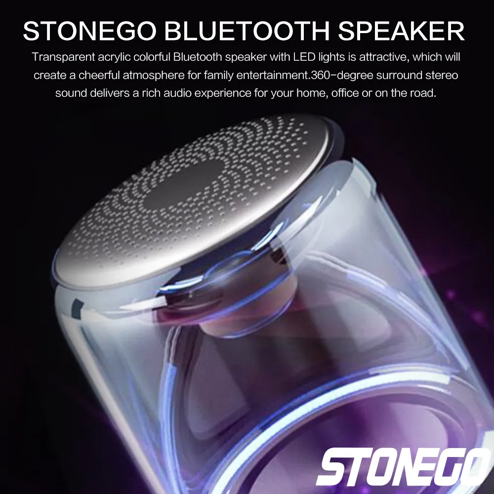 Stoengo verdadeiro alto-falante estéreo sem fio com design transparente respirando luz LED TWS Bluetooth 5.0 tf cartão AUX Entrada de áudio