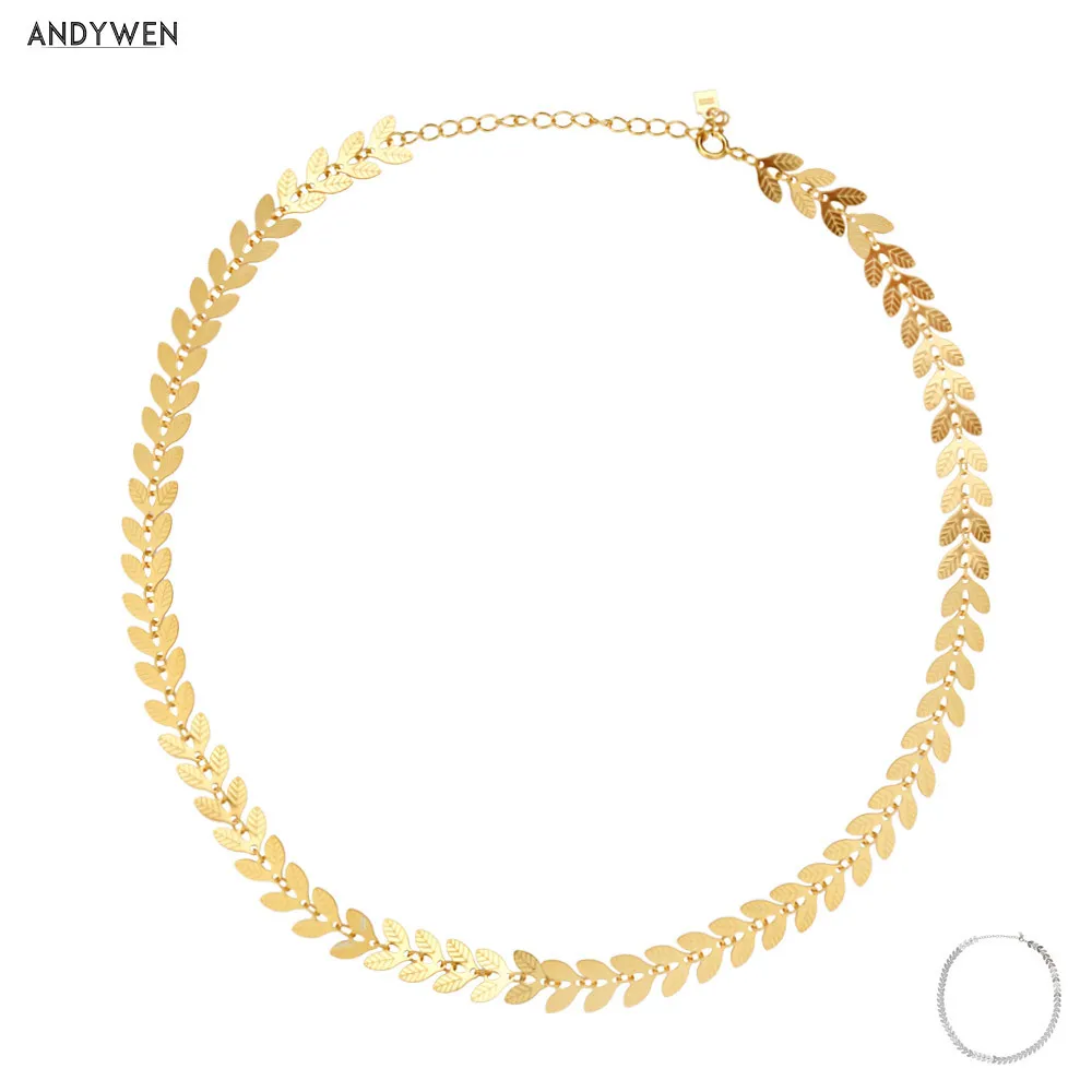 Andywen Novo 925 Sterling Prata Folhas de Ouro Charme Chager Cadeia Colar Mulheres Rock Punk Cristal de Cristal Feminino Jóias 2020 Q0531