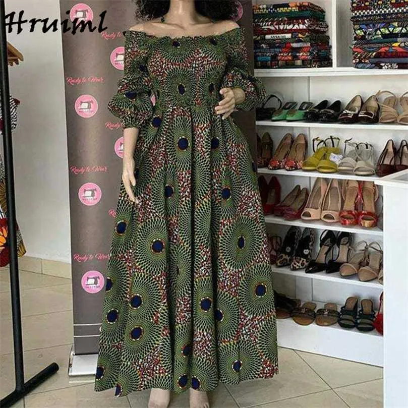 African Dresses for Women Fashion Floral Print Slash Neck Three Quarter Sleeve Maxi Dress High Waist Vintage Long Dress Autumn 220118