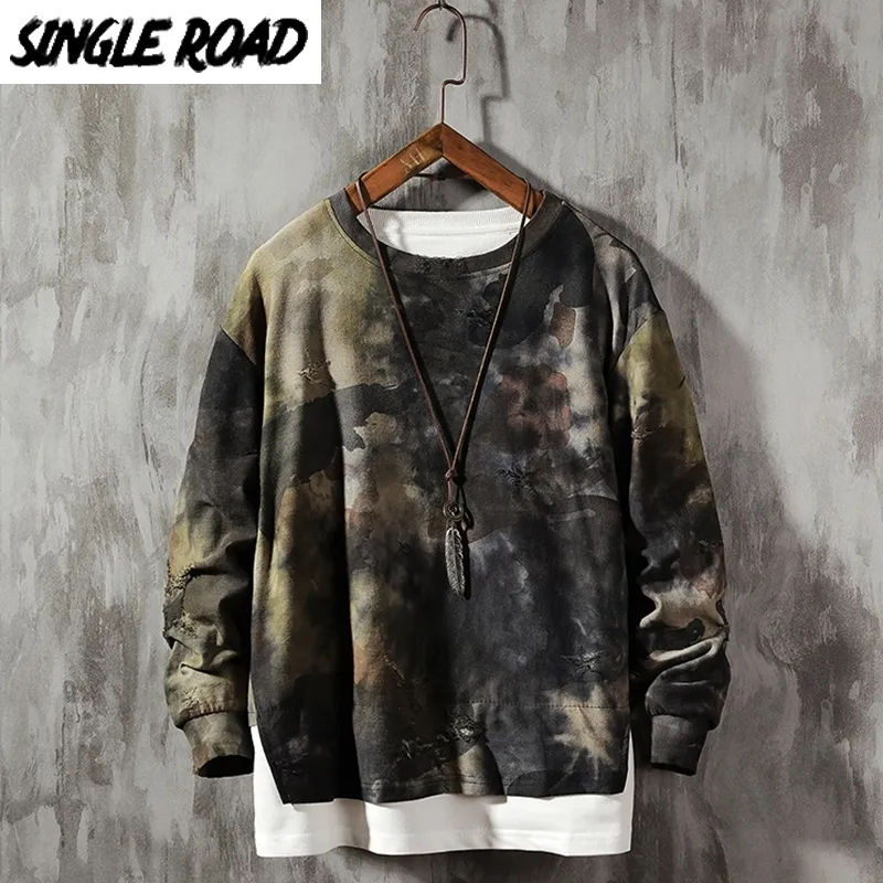 Singleroad Crewneck البلوز الرجال كامو المرقعة الهيب هوب اليابانية الشارع الشهير المتناثرة هوديي الرجال سوياتشيرتس الذكور هوديس 201113