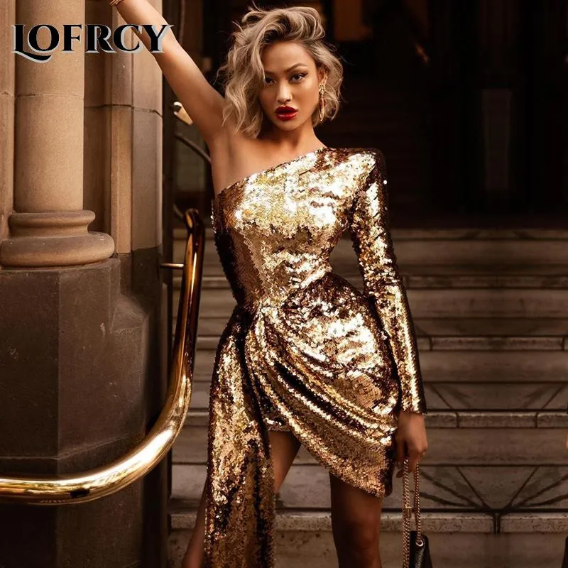 Vestidos casuales Lofrcy mujeres un hombro manga larga dorado lentejuelas brillo vestido de fiesta sexy chispa elegante brillante shinny drapeado